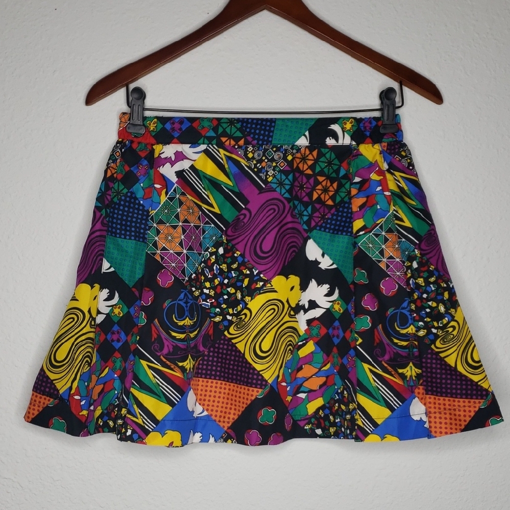 Vintage HEAD Womens Patchwork Geometric Pleated Mini Skirt Size 10 Festival 80s